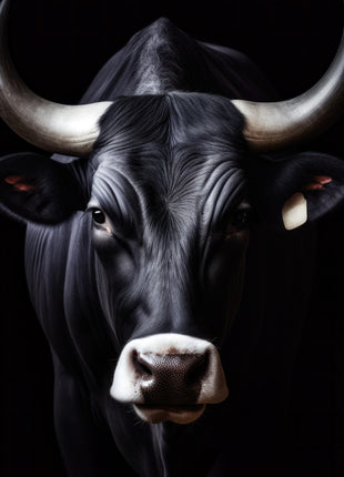 Black bull with pale curved horns and a white-edged muzzle against black.