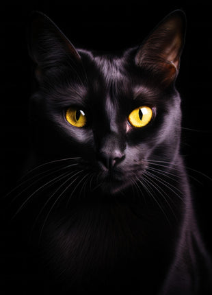 Black cat facing forward with yellow eyes and subtle violet-gray highlights against black.
