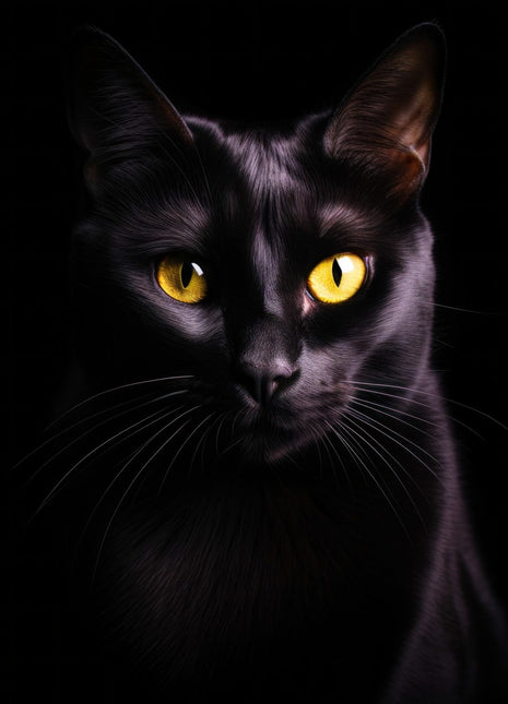 Black cat facing forward with yellow eyes and subtle violet-gray highlights against black.