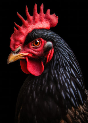 Black chicken with a crimson comb, orange eye and silver-blue feather highlights against black.