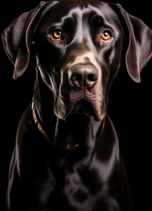 Large black dog facing forward with folded ears, amber eyes and broad muzzle against black.