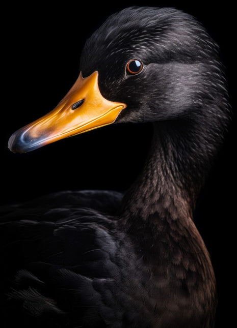 Black duck facing left with an orange bill and brown feather highlights against black.