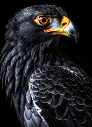 Black eagle looking right with golden eye, yellow beak accents and silver-edged shoulder feathers.
