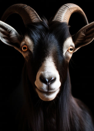 Black goat with amber eyes, curved horns and pale facial markings against black.