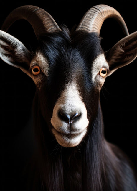 Black goat with amber eyes, curved horns and pale facial markings against black.