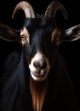 Black goat with curved horns, pale facial markings and a long golden-brown beard against black.
