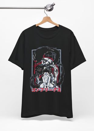 Black Gon Freecss Rage T-shirt hanging from a rail, front artwork visible.