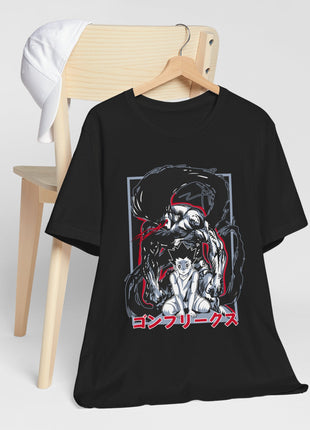 Black Gon Freecss Rage T-shirt on a wooden hanger beside a chair.