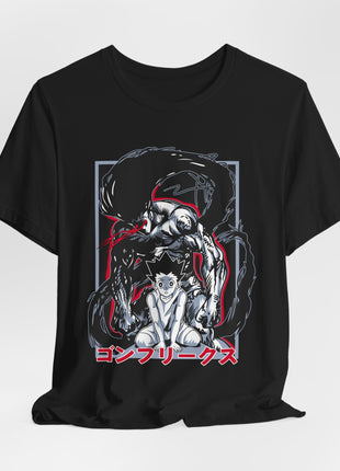 Black Gon Freecss T-shirt styled with a gathered hem, showing the Rage graphic.