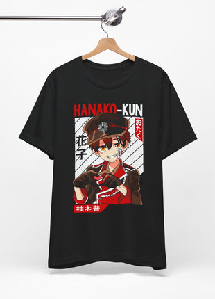 Black Hanako-kun T-shirt hanging from a rail, showing the front portrait.