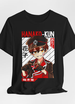 Black Hanako-kun T-shirt styled with a gathered hem, front artwork visible.