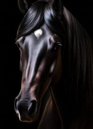 Black horse with a swept mane, silver highlights and a small white forehead mark against black.