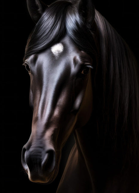 Black horse with a swept mane, silver highlights and a small white forehead mark against black.