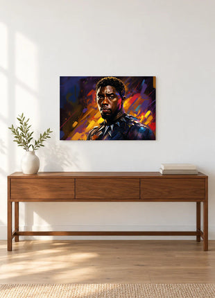 Black Panther Crown of Color acrylic wall art displayed above a wooden console with a leafy vase and stacked books against a white wall.