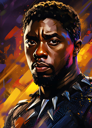 Black Panther Crown of Color original artwork: shows an unmasked Black Panther turning toward the viewer in a blue-black suit and pointed silver necklace.