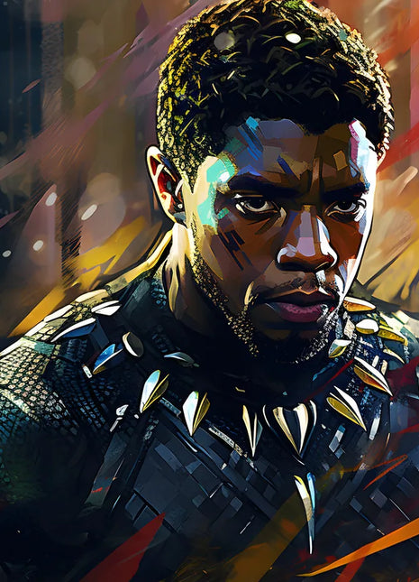 Black Panther Ember Focus original artwork: captures an unmasked Black Panther with his head lowered slightly and eyes directed forward.