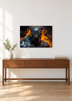 Black Panther Emberbound Watch acrylic wall art displayed above a wooden console with a leafy vase and stacked books against a white wall.