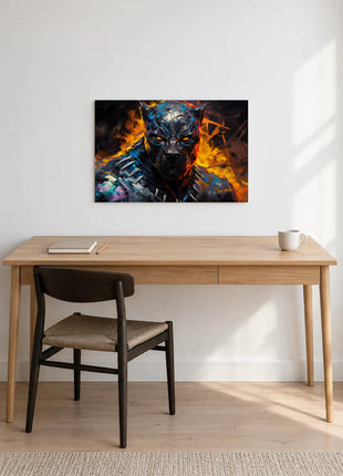 Black Panther Emberbound Watch acrylic wall art displayed above a wooden desk with a notebook, pencil and white mug against a white wall.