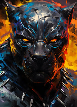 Black Panther Emberbound Watch original artwork with amber mask eyes, silver necklace and orange-blue painted strokes.