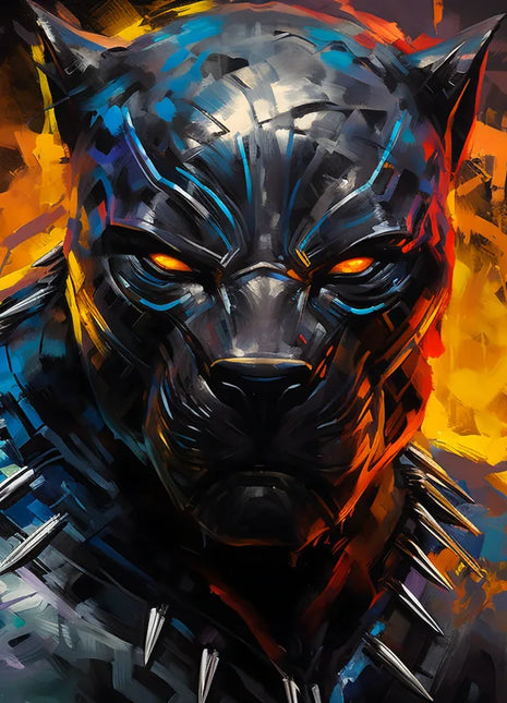Black Panther Emberbound Watch original artwork with amber mask eyes, silver necklace and orange-blue painted strokes.