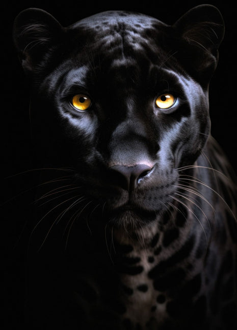 Black panther facing forward with violet-silver facial highlights, amber eyes and faint chest spots against black.