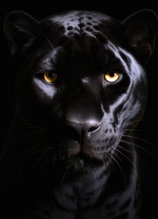 Black panther facing forward with amber eyes and faint coat markings against a black background.