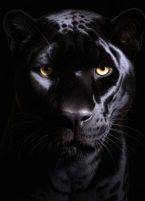 Black panther facing forward with amber eyes and faint coat markings against a black background.
