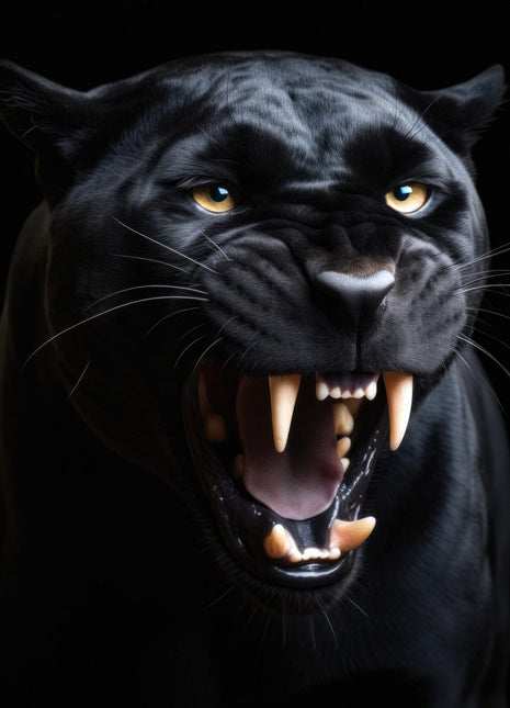 Black panther with its mouth open and teeth exposed, golden eyes and cool coat highlights against black.