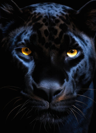Black panther facing forward with sapphire-blue highlights, amber eyes and faint rosettes against black.