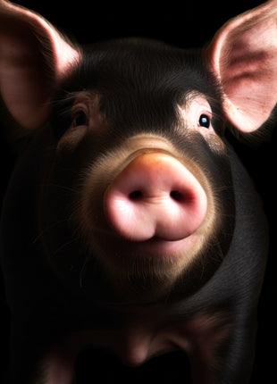 Close-up of a black pig with large pink ears and a rounded pink snout against black.