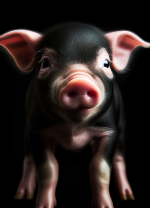 Small black piglet with pink ears and a pink snout standing against black.