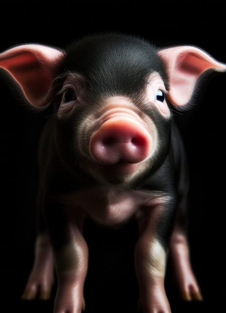 Small black piglet with pink ears and a pink snout standing against black.