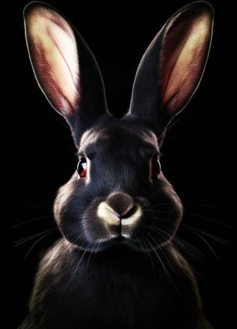 Black rabbit facing forward with tall pink-lined ears and a pale silver muzzle and chin.