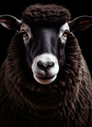 Black sheep with tight forehead curls, dark fleece and a pale muzzle against black.