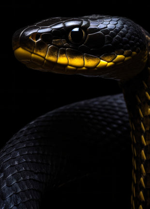 Black snake with raised head, glossy scales, golden-yellow jawline and curved body against black.