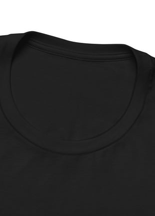 Front neckline close-up of a black crew-neck T-shirt.