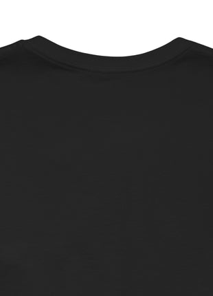 Upper-back neckline close-up of a black crew-neck T-shirt.