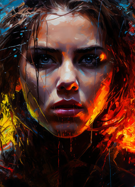 Black Widow Through the Colorstorm original artwork with a steady gaze, loose hair and orange-teal paint.