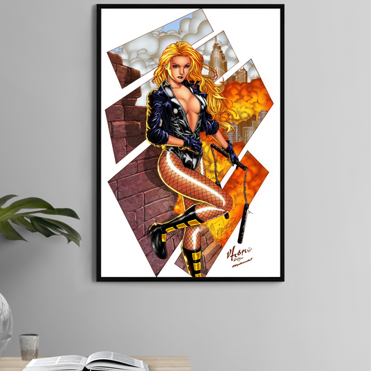 "Sonic Strike – Black Canary Wall Art on canvas, acrylic, and metal – Black Canary unleashing her sonic scream in dramatic pose."

