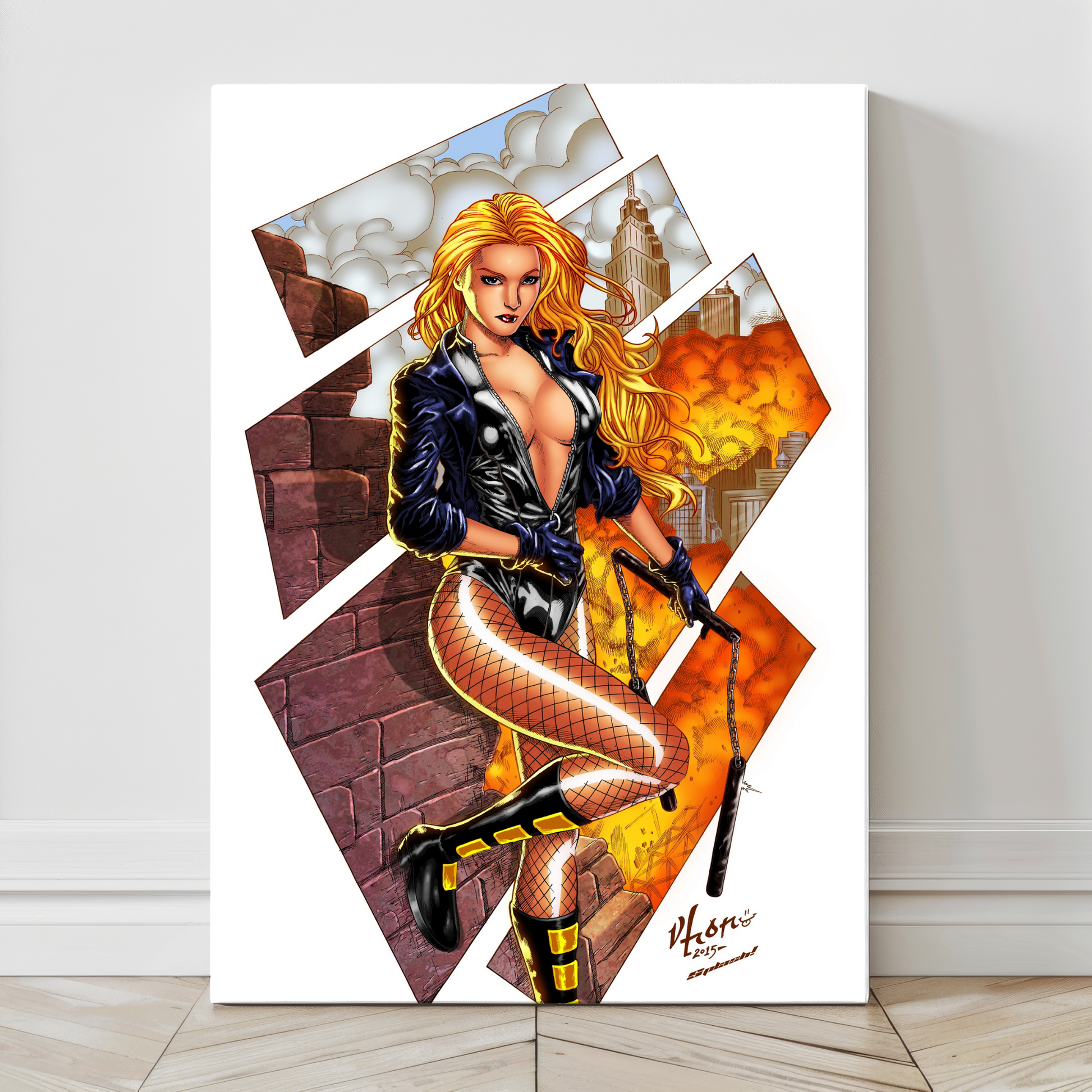 "Sonic Strike – Black Canary Wall Art on canvas, acrylic, and metal – Black Canary unleashing her sonic scream in dramatic pose."

