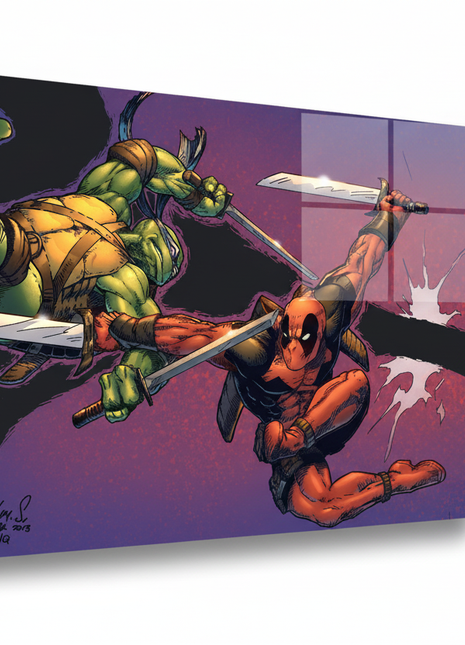 Blades of Mayhem Leonardo vs Deadpool wall art — Marvel vertical print by Savy Lim, image 1.