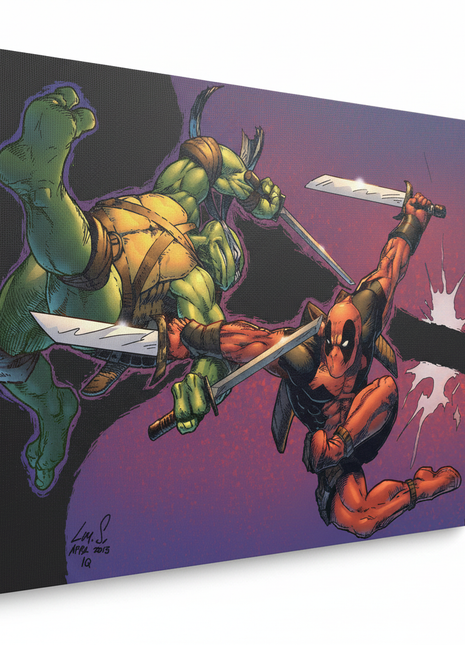 Blades of Mayhem Leonardo vs Deadpool wall art — Marvel vertical print by Savy Lim, image 2.