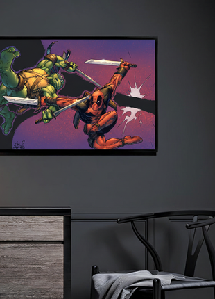 Blades of Mayhem Leonardo vs Deadpool wall art — Marvel vertical print by Savy Lim, image 3.