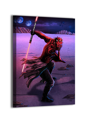 Darth Maul turning to strike under twin moons; Geebo Vigonte and NAHP artwork on gallery-wrapped canvas.