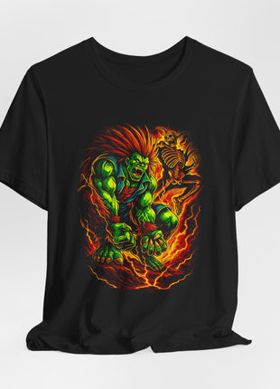 Draped front view of the black Blanka Electric Beast Graphic T-Shirt.