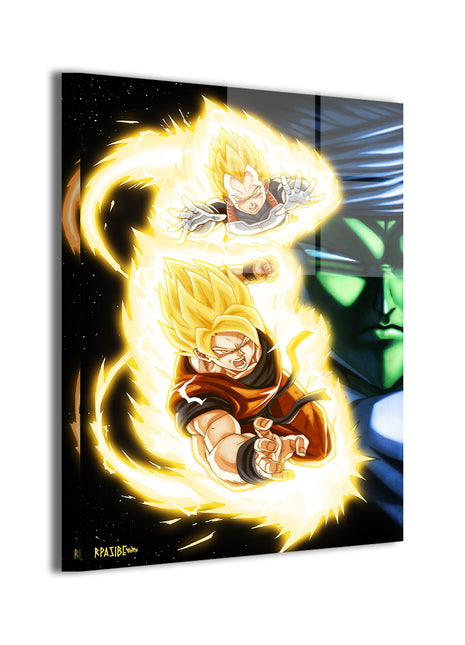  24x36 acrylic print of Super Saiyan Goku and Vegeta bursting with energy alongside Piccolo’s watchful gaze