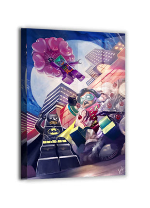 LEGO Batman, Robin, and Joker Block City Showdown vivid metal wall art, art by Ceasar.
