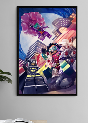  LEGO Batman, Joker, and Robin 11x17 print – comic-style rooftop chase