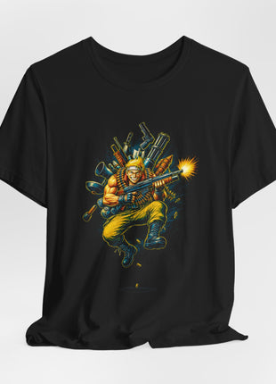 Black commando arsenal T-shirt with a gathered hem, displaying the full airborne action graphic.