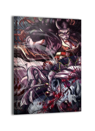 Blood Moon Rampage Nezuko Wall Art featuring Nezuko Kamado in an awakened demon transformation on hand-stretched gloss canvas, artwork by Ray Dash.